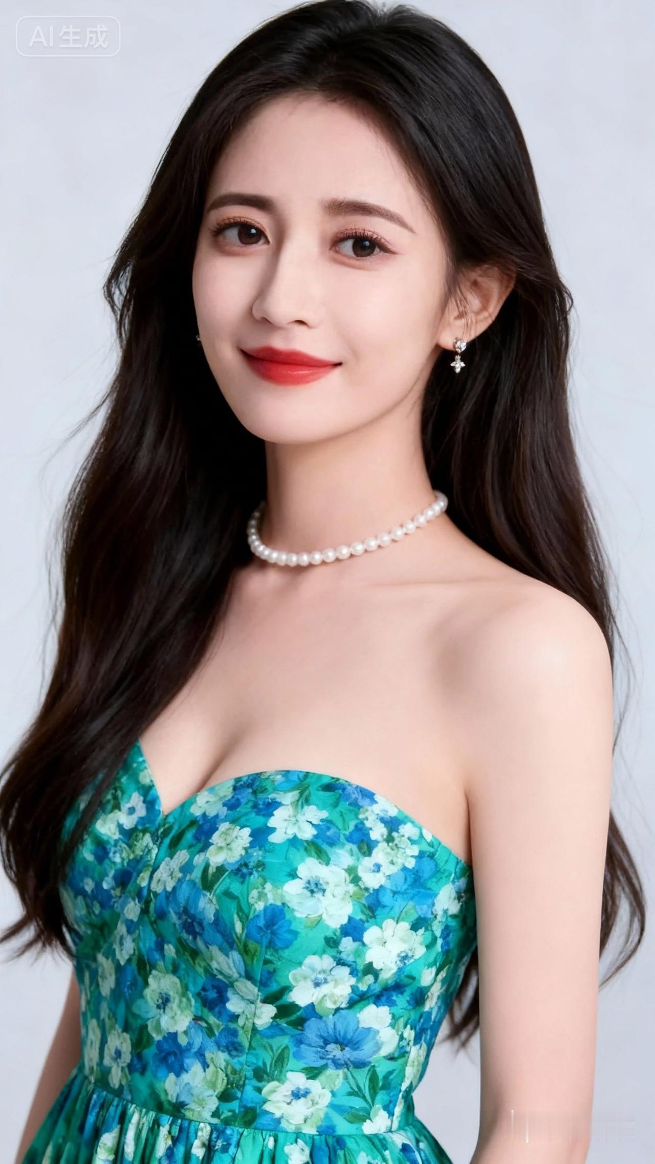 优雅蓝花裙，珍珠项链点缀，甜美笑容，尽显女性魅力！