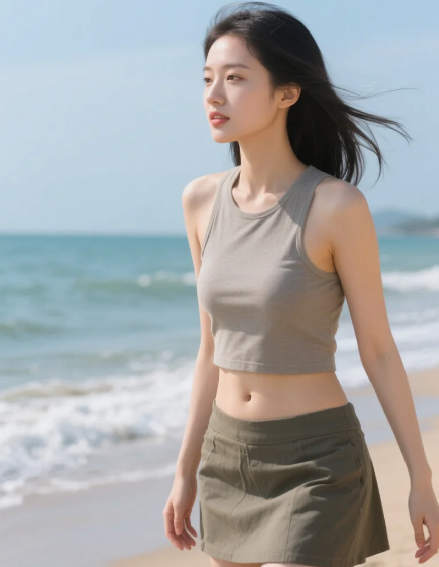 微风中的亚洲美女，在海边留下动人的身影