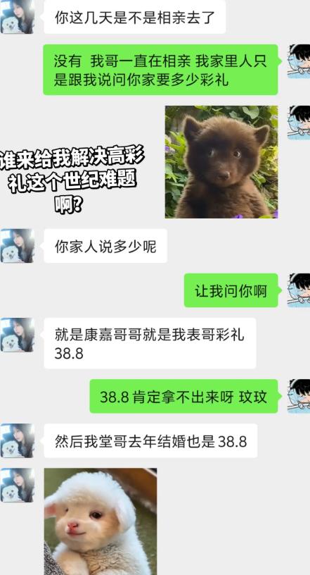 女朋友上来就盘问男生是不是跑去相亲，男生赶忙解释，是家里催着来打听彩礼数。女生张