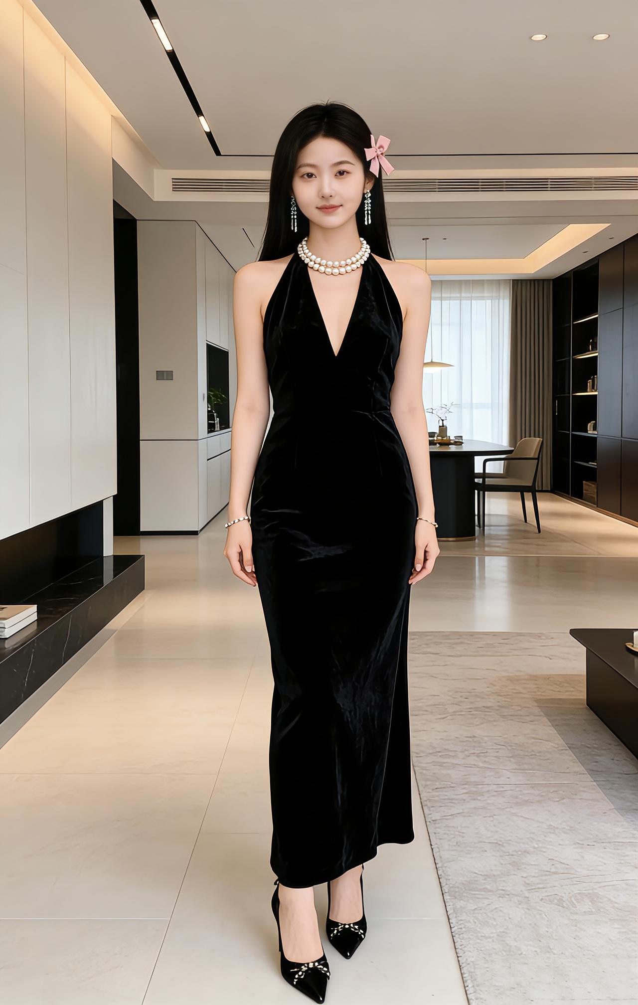 她这身穿搭是优雅贵气的晚宴风，很适合正式场合~连衣裙是黑色丝绒材质，挂脖+深V