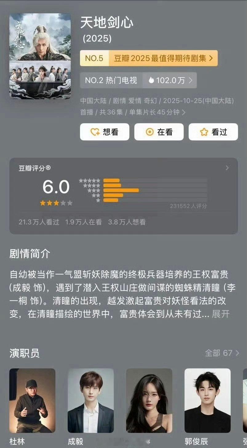 成毅李一桐《天地剑心》开分6.0，打分人数23w+，这个打分高了低了？[思考]