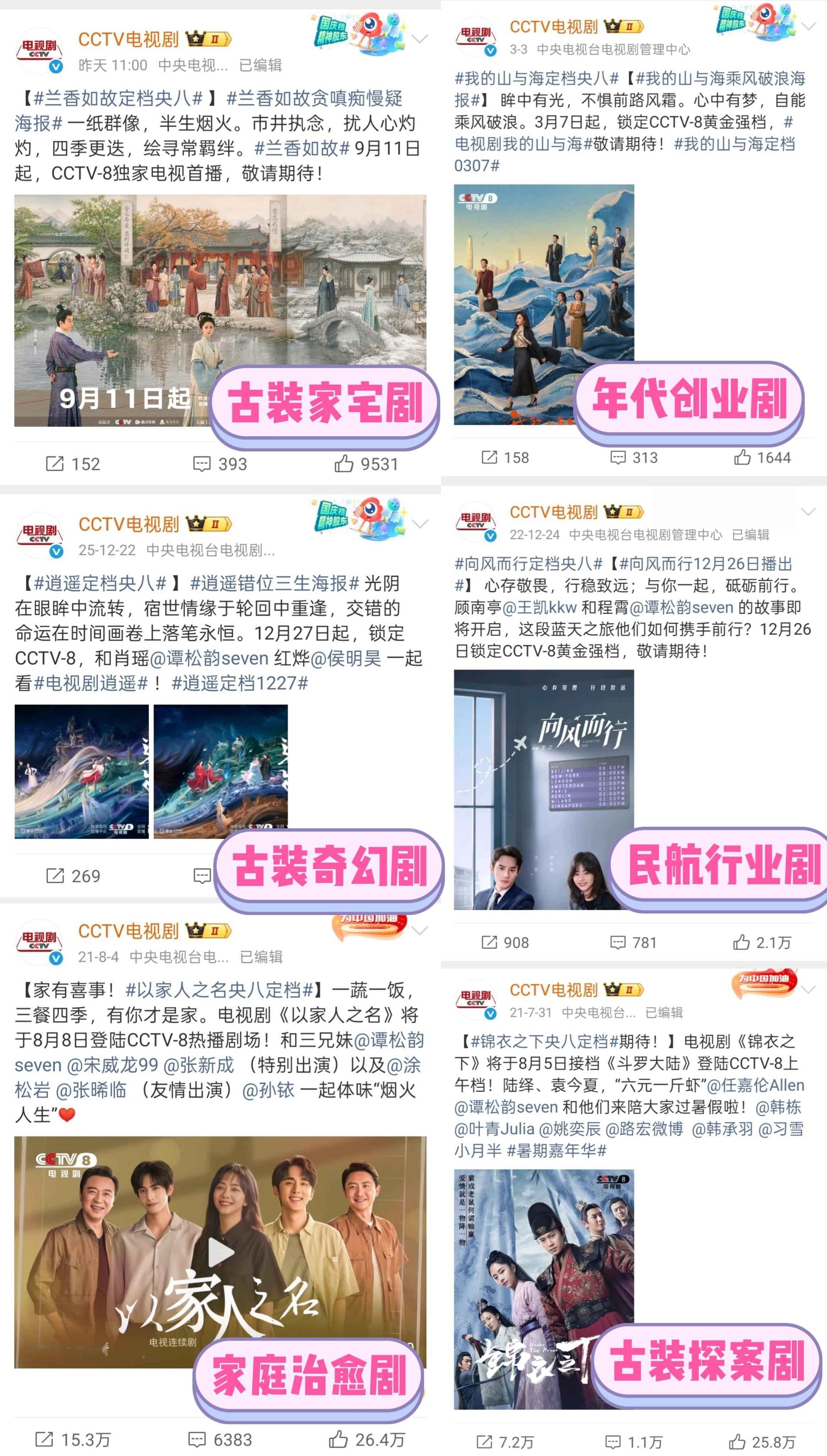 没有人能集齐这么多题材登陆央八，除非她是谭松韵！古装家宅、年代创业、民航行业、古