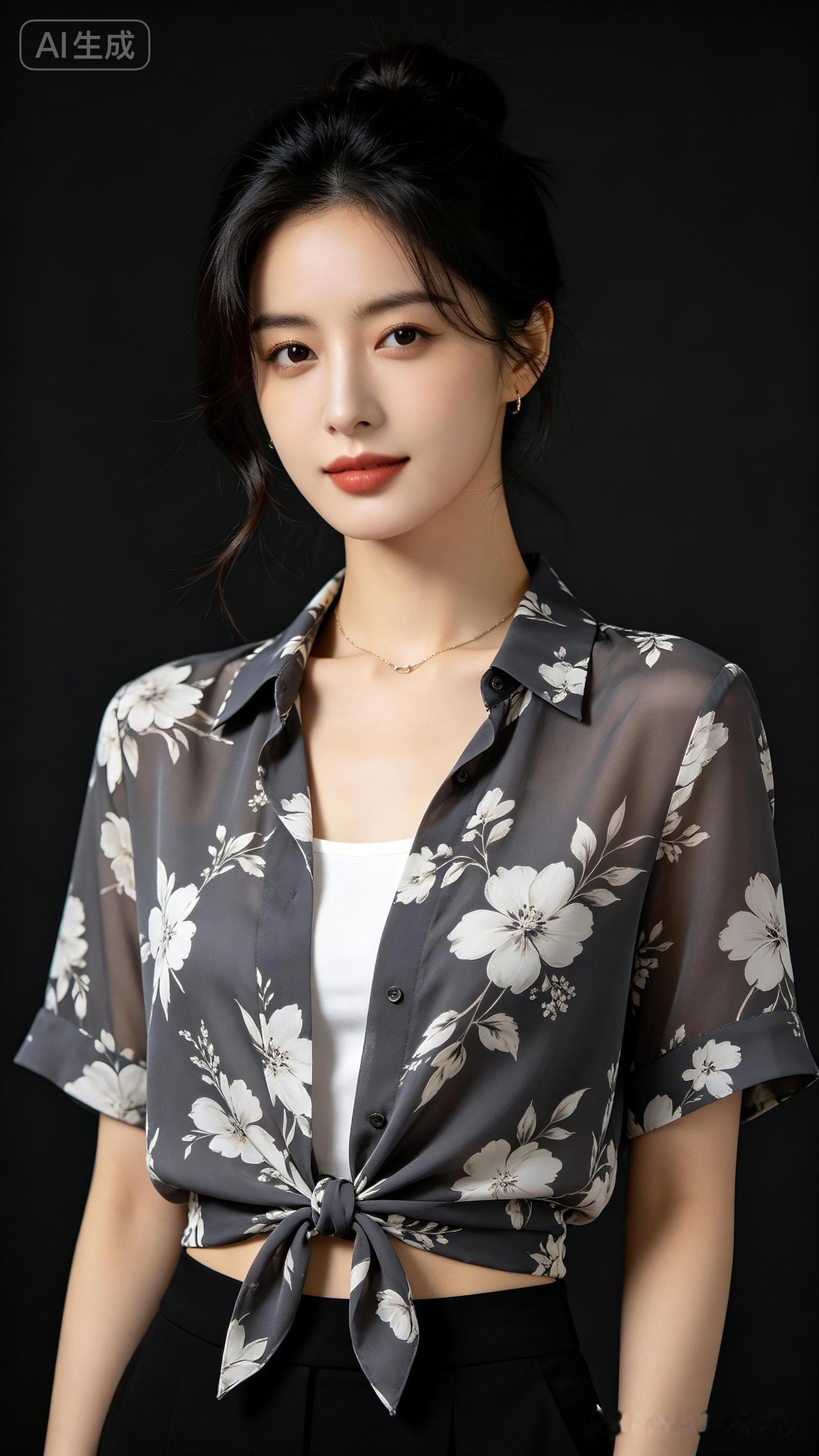 时髦美女黑发半挽利落发髻，细碎发丝柔衬脸型，细链项链点缀颈间。深灰白花雪纺衬衫俏