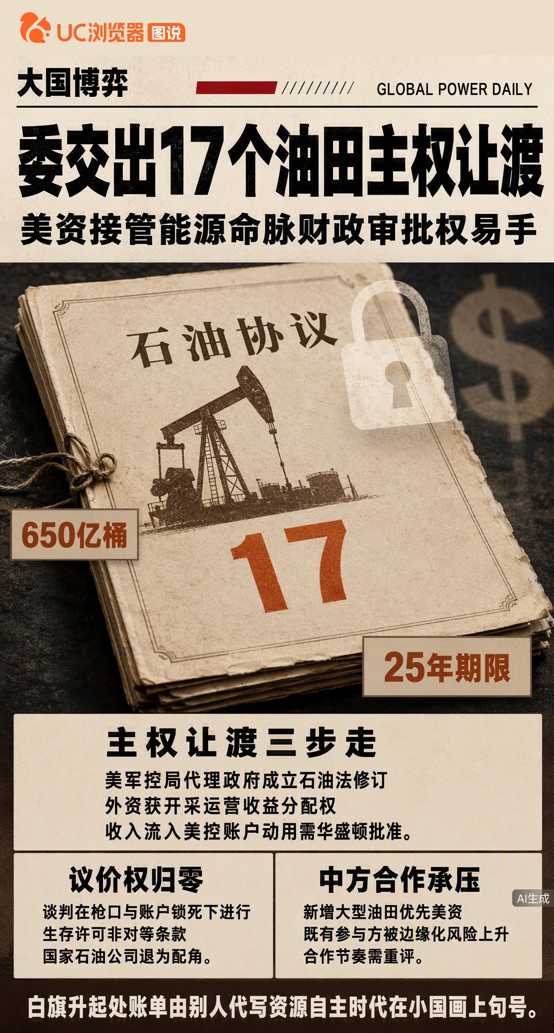 委内瑞拉将17个战略油田纳入美资框架，约半数产量流向美国。从断交到交割仅大半年，石油收入动用需经华盛