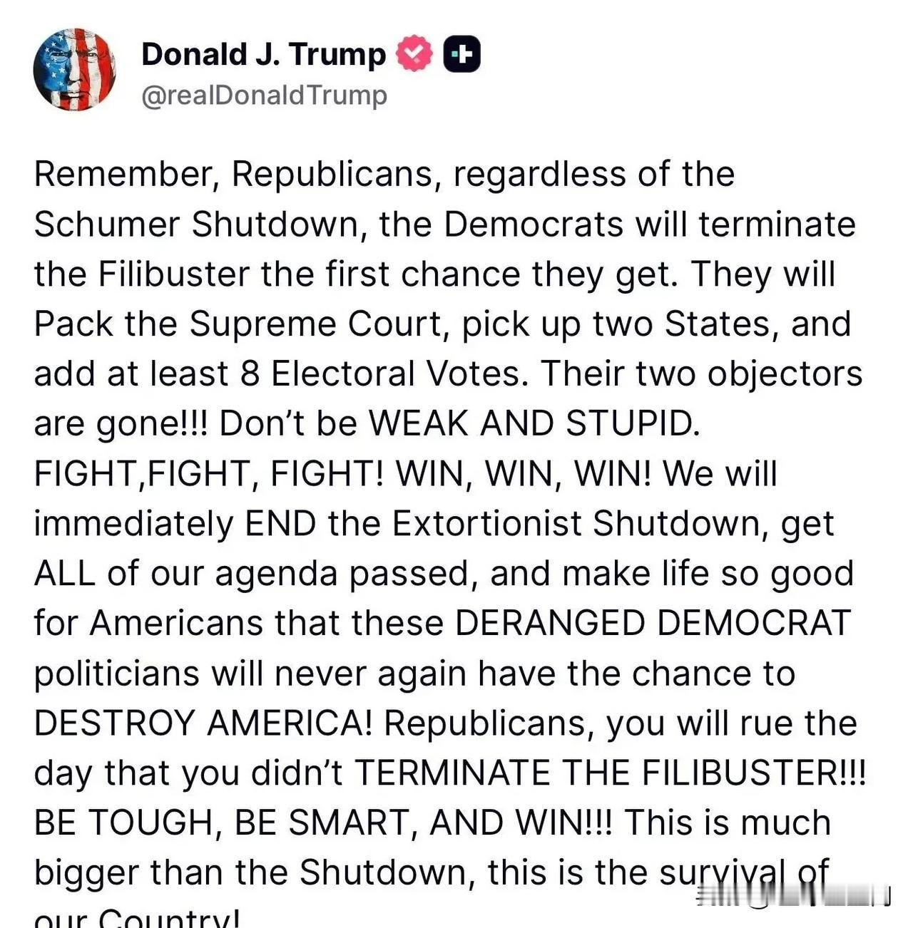【黄金时代】川普鼓励共和党以牙还牙，面对舒默停摆，废除Filibuster川