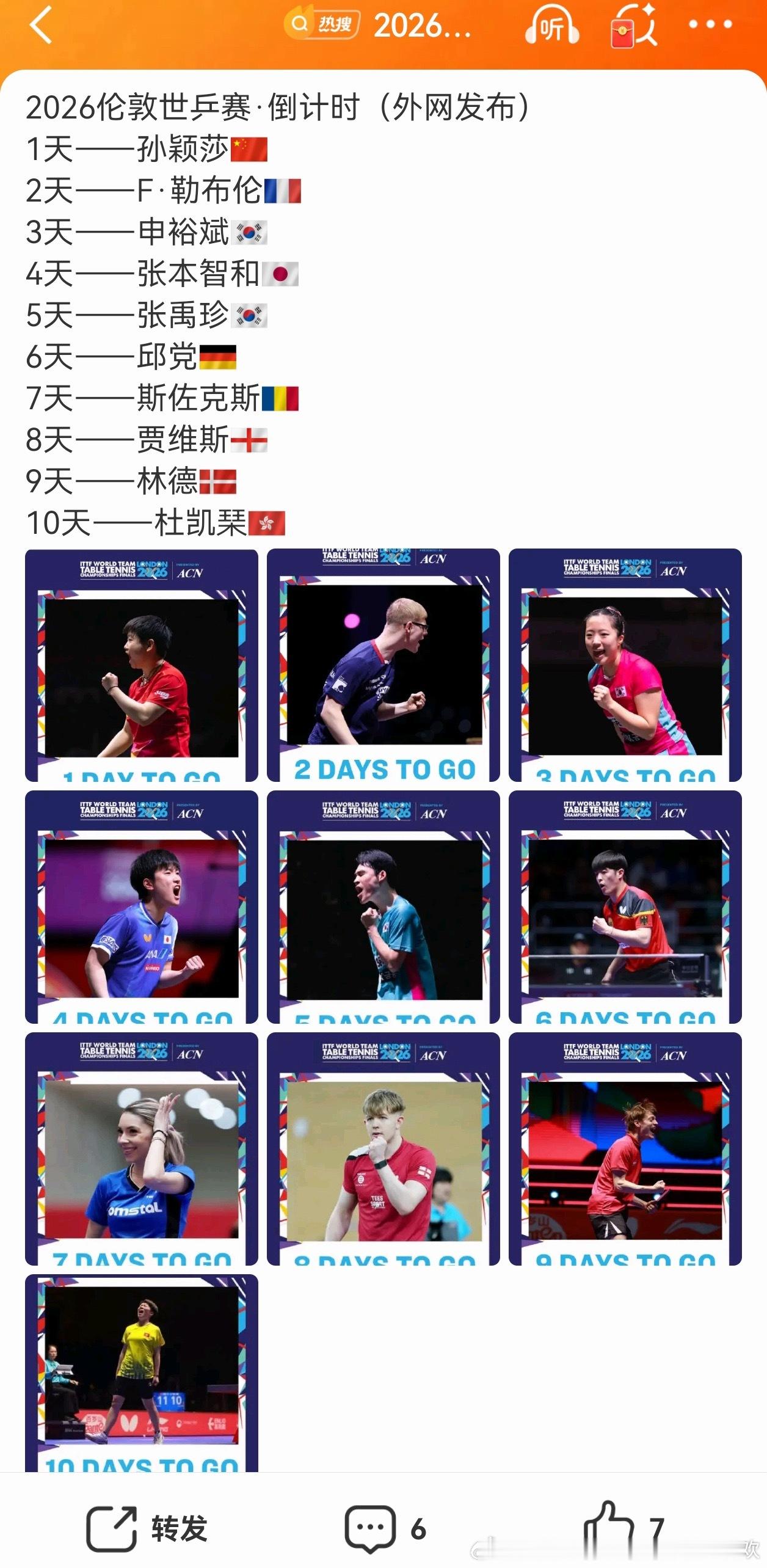 外网发的倒计时一天是Megastar孙颖莎，除了倒计时一天剩下九天都是外国运动员