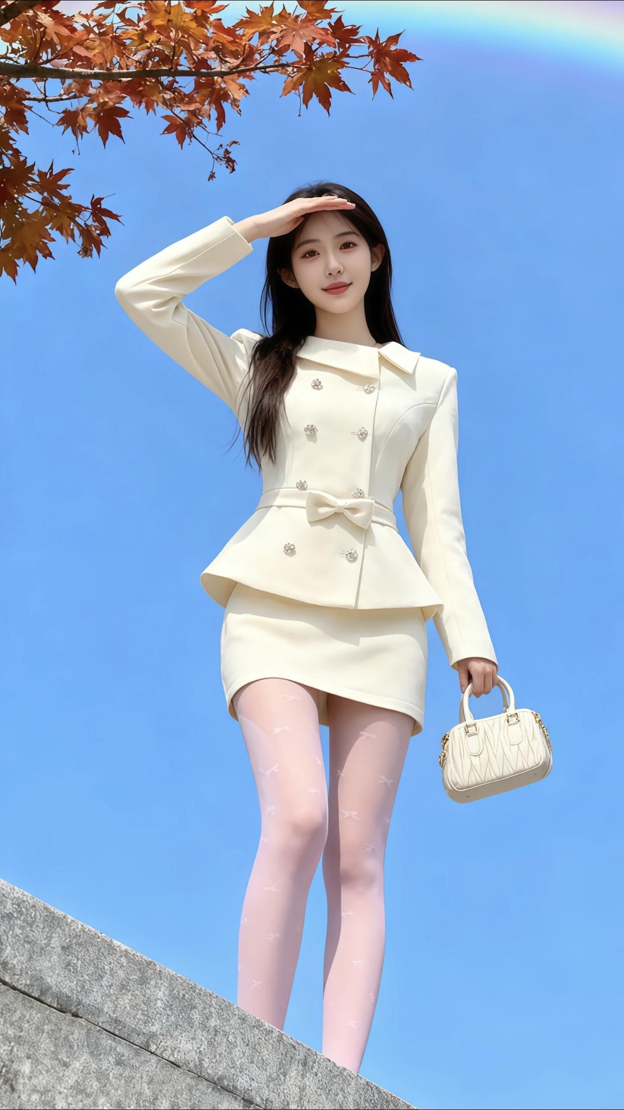 纯天然美女长啥样子秋日穿搭指南：优雅米色套装搭配粉色丝袜，尽显温柔与时尚。