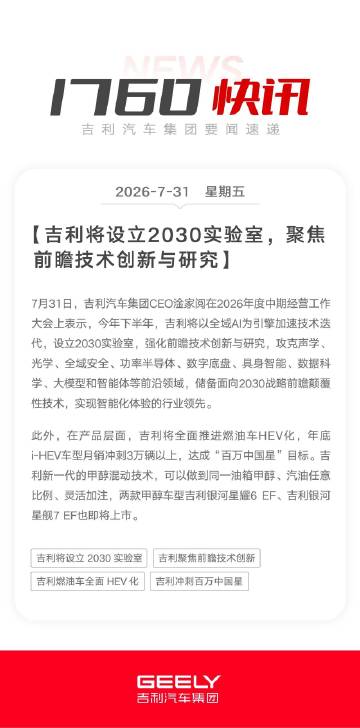 吉利将设立2030实验室，聚焦前瞻技术创新与研究。吉利很多决定，技术储...