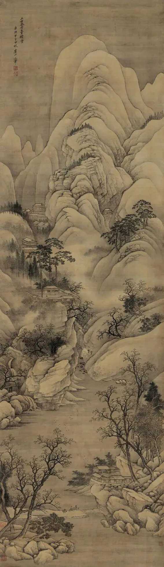 王翚《丹台积雪图》，纸本223.5×64.5cm。此图作于康熙二十三年甲