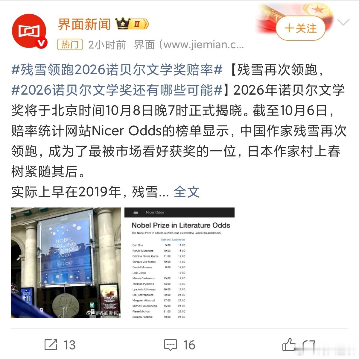 残雪领跑诺贝尔文学奖残雪再度登顶诺奖文学奖赔率榜，村上春树紧随其后。很多人把博彩