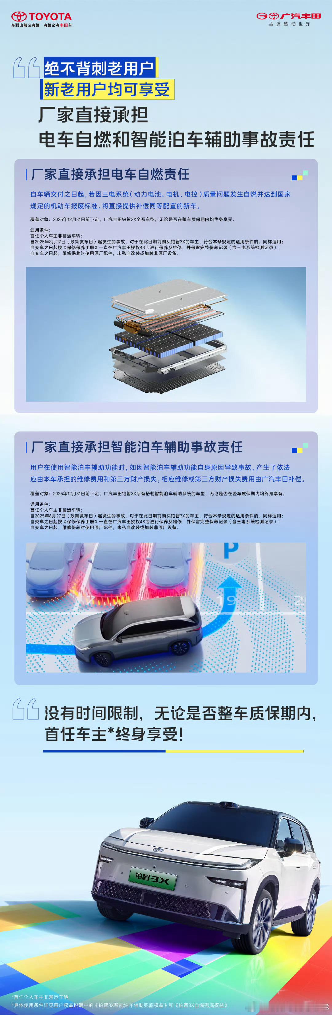 广汽丰田承诺：承担铂智3X电车自燃及智能泊车辅助事故责任，终身有效且不限质保期。