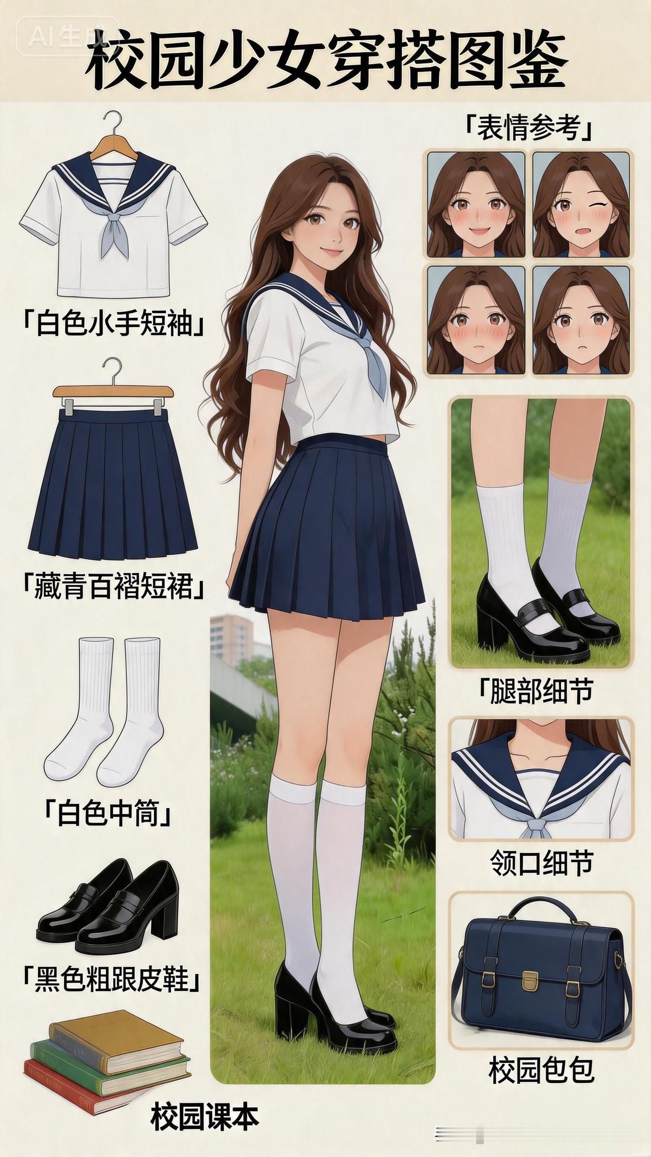 趁微风正好，换上一身清爽制服奔赴草坪。简单的水手服自带少年感，长发配浅淡笑意，抛