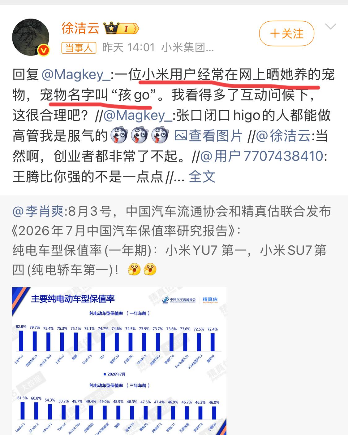 小米高管回应，“孩go”是网友养的宠物。只是一些网络日常互动，礼貌的问候，还是很