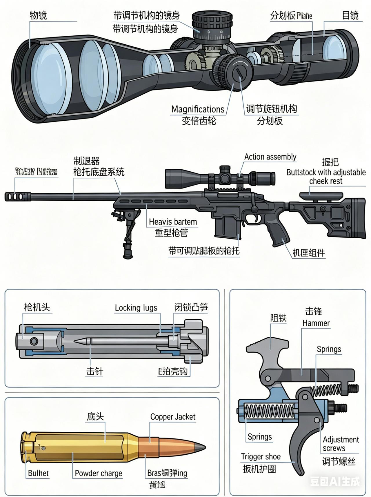 这张解剖图把现代狙击步枪的每一个关键部位都标得清清楚楚，从瞄准镜到子弹，从枪机到