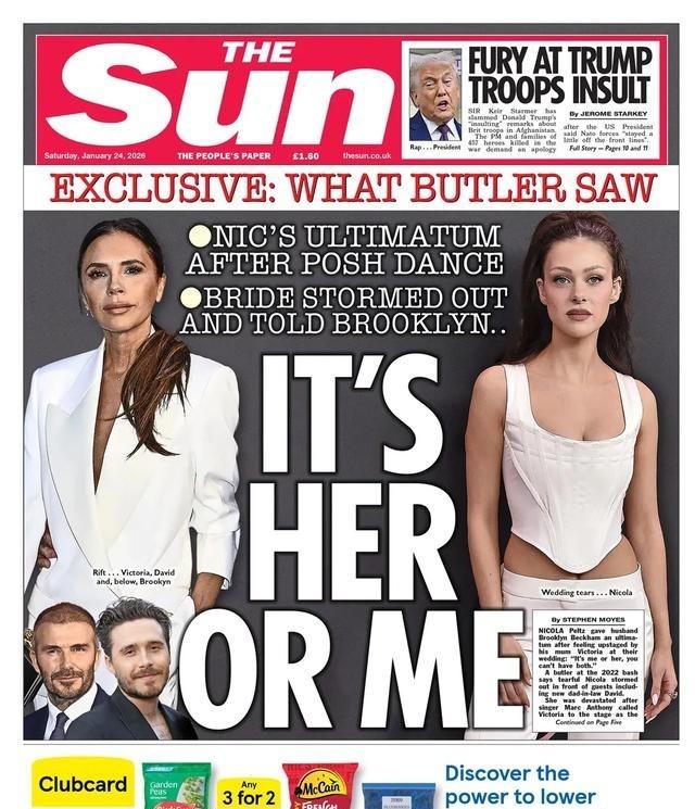 贝克汉姆家族的纷争是《太阳报》的头条新闻。报纸称，尼古拉·佩尔茨在婚后向丈夫布鲁