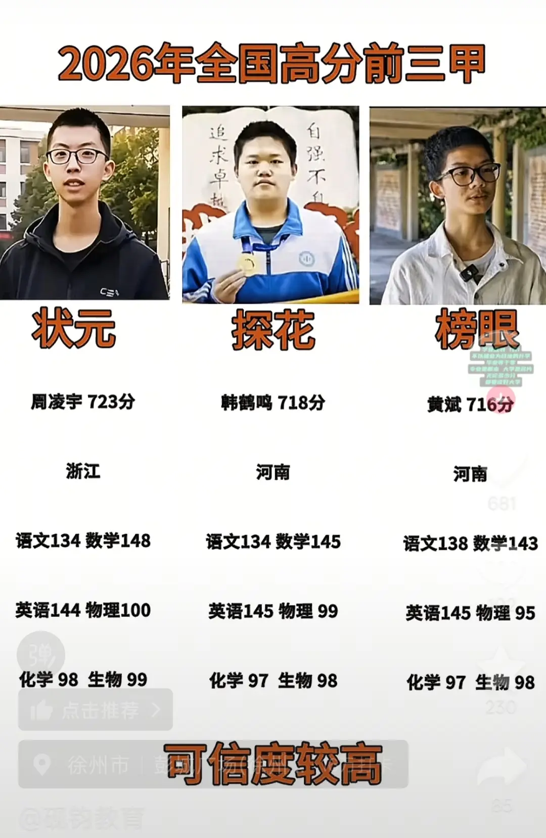 2026年高考全国前三名。