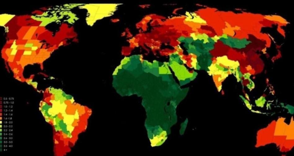 世界生育率的图表：人口仅在非洲和一些穆斯林国家增长。欧美国家和东亚国家，开始