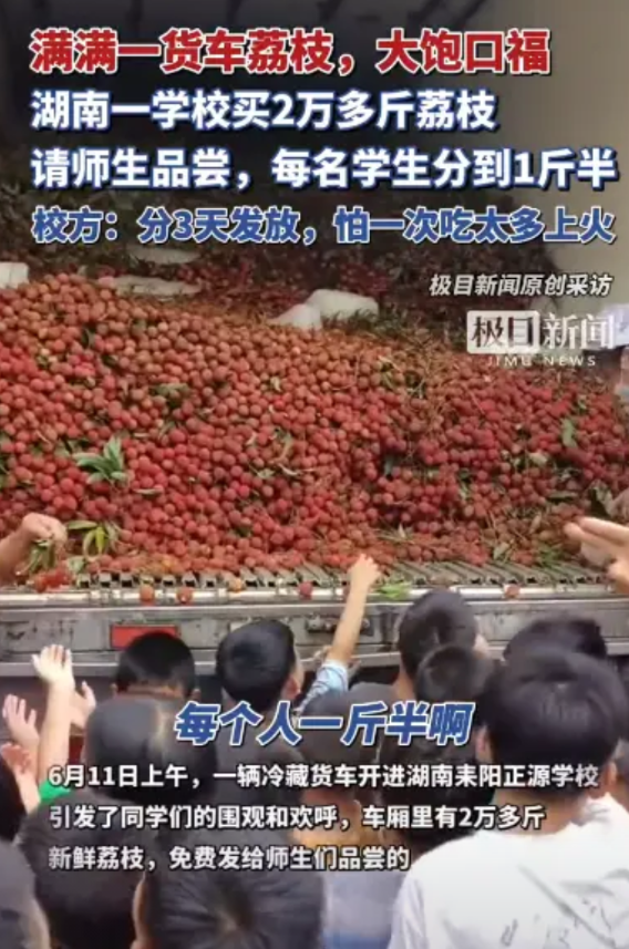 “这个学校火了！”6月11日，湖南，一学校买了2万多斤的荔枝，请全校师生品尝，每