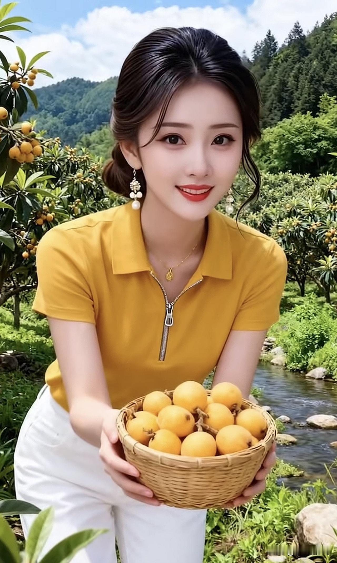 阳光明媚的果园里，甜美少女手捧一篮新鲜水果，笑靥如花。甜系水果自拍自然阳光水果