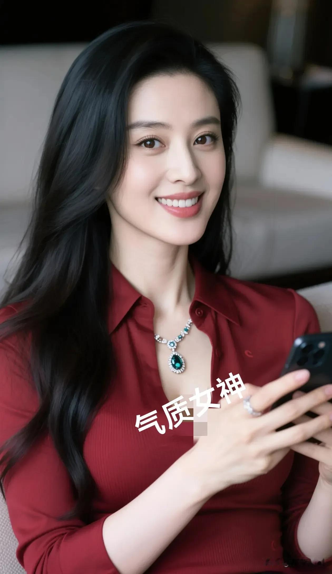 酒红衬得眉目都浸了柔，颈间宝石漾着细碎的光。长发垂落时，连指尖的弧度都裹着舒展的