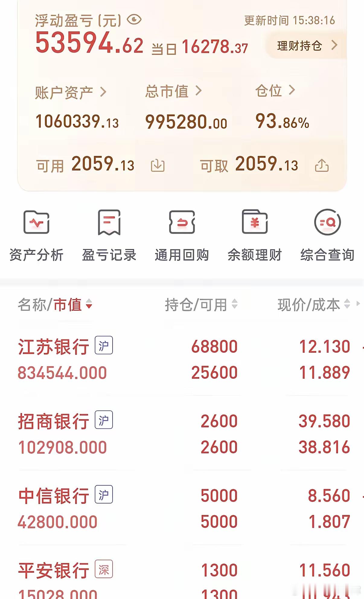 一网友晒出了106万满仓银行股的账户，专心攒股收息。其中，江苏银行68800股，