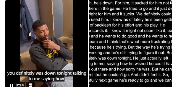 斯玛特谈起了在掘金队主场，艾顿因为左膝酸痛而提前退赛后的精神状态。斯玛