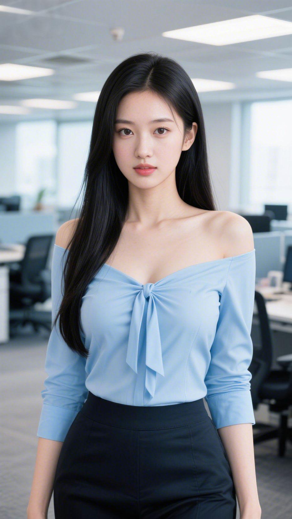 清蓝映职场浅蓝衬衫揉着职场的灵动，一字肩的设计藏着温柔，却不掩专业的笃定。黑裙