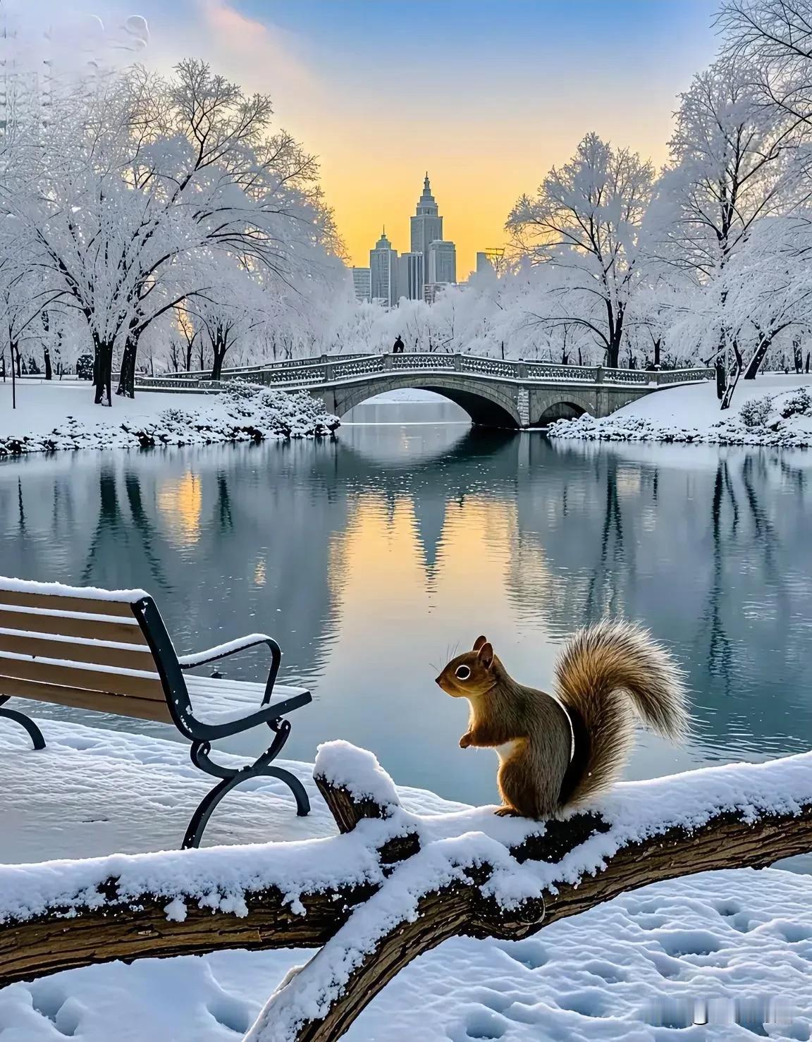 冬日公园的雪景与松鼠，堪称绝妙搭配。就如北湖公园，雪后初晴，松鼠不惧严寒外出觅食