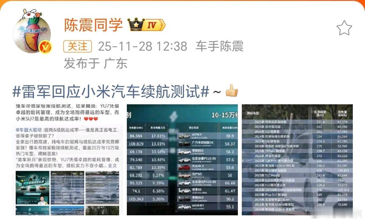 雷军回应小米汽车续航测试陈震和小米本来就没啥恩怨，他夸小米和批评小米也都是就事论