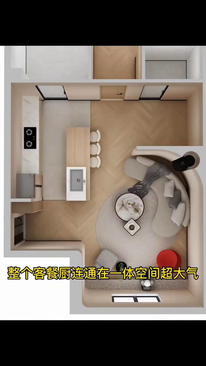 这是一个只有55平米的两居室。从这入户两间卧室，厨房、卫生间中间，这里是客餐厅，