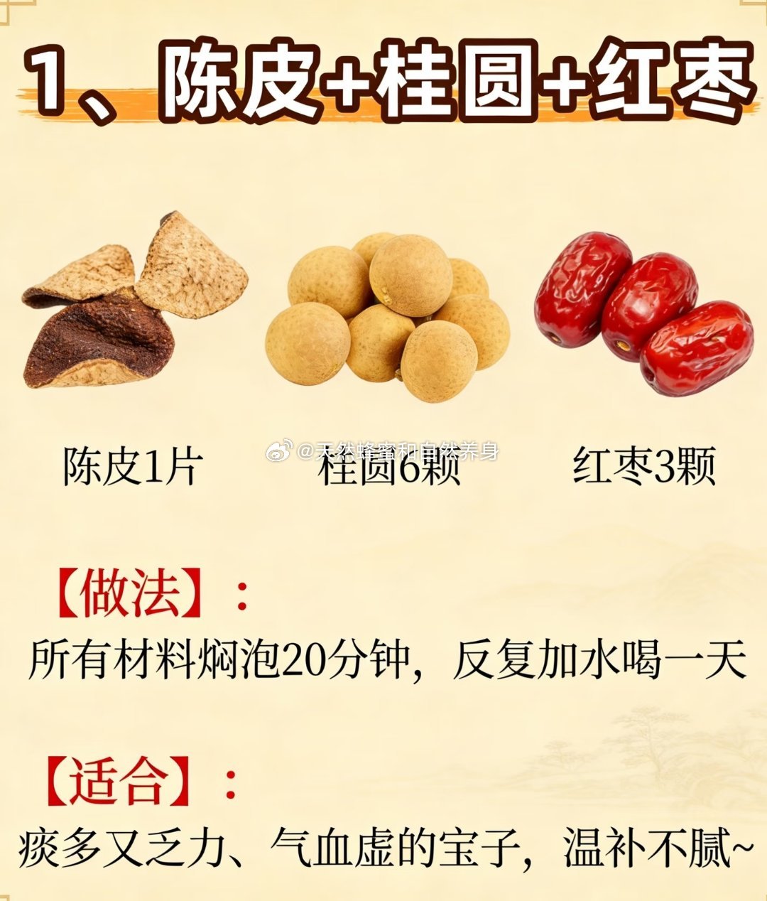 陈皮＋桂圆＋红枣陈皮1片桂圆6颗红枣3颗【做法】所有材料焖泡20分钟，反复加水喝一天【适合】痰多又乏