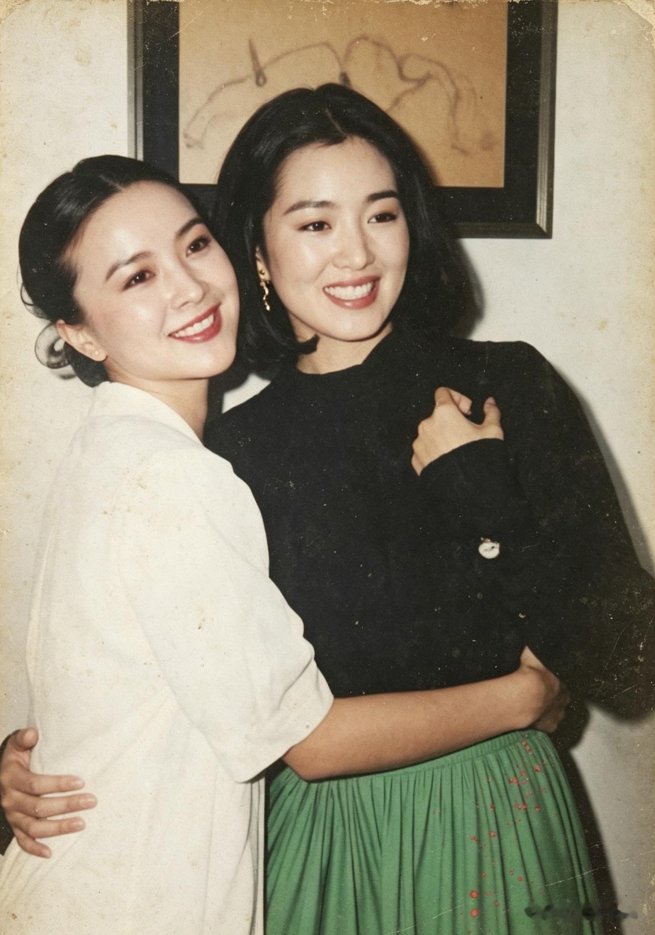 🎬这是一张90年代的老照片，照片中，舞蹈演员周洁和影视演员巩俐拥抱合影。周