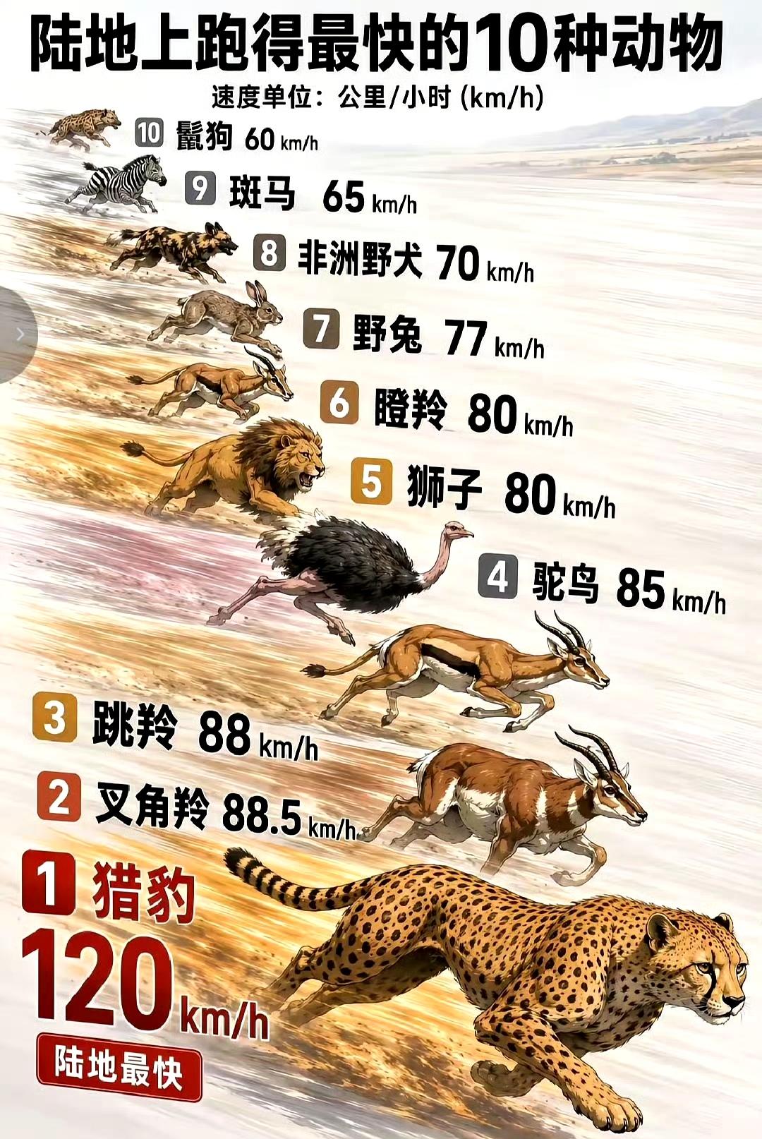 陆地上跑得最快的10种动物。
