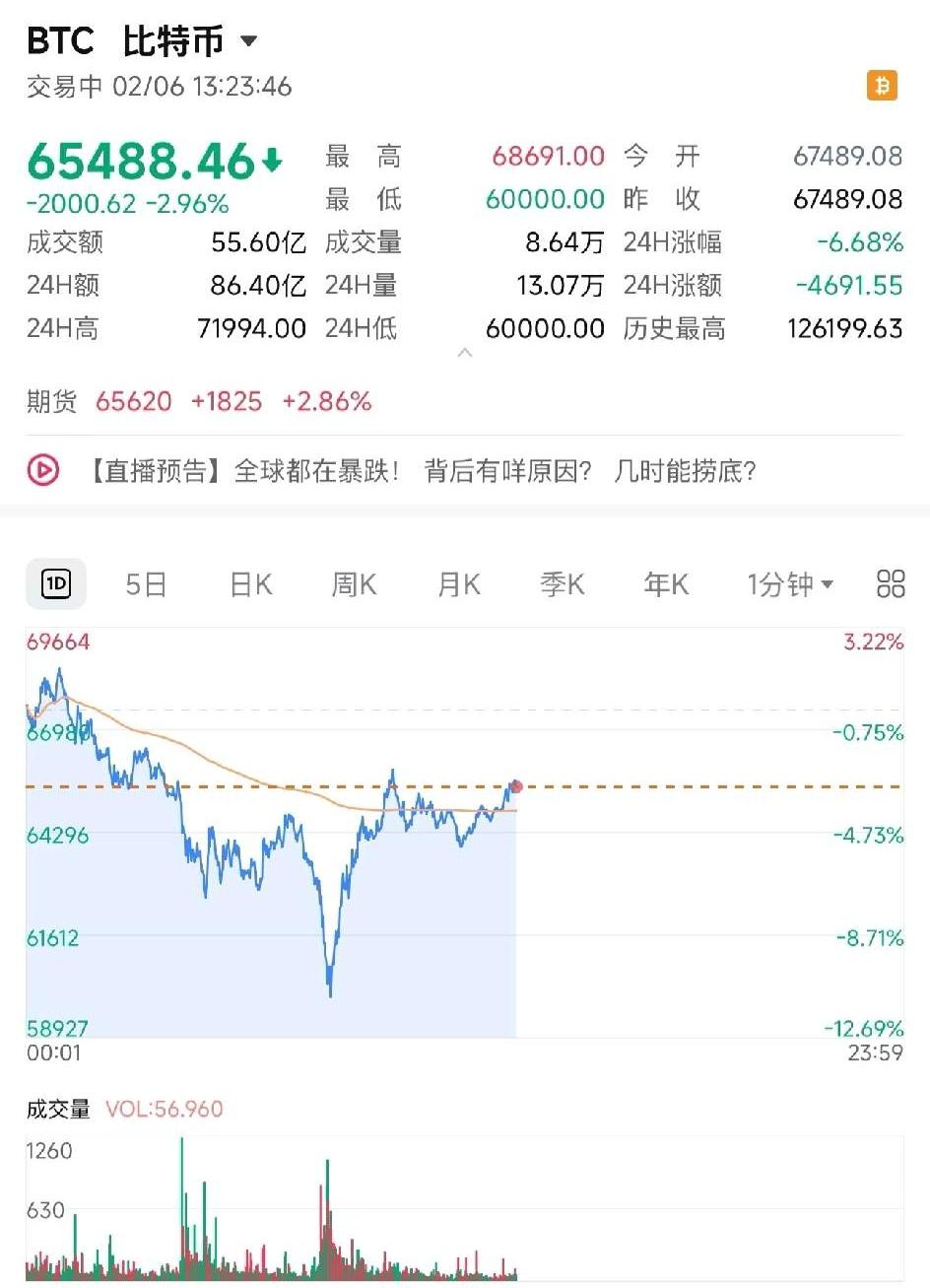 比特币狂跌，从最高的12.6万，跌到了现在的6.5万，最低下探到6万整。有网友