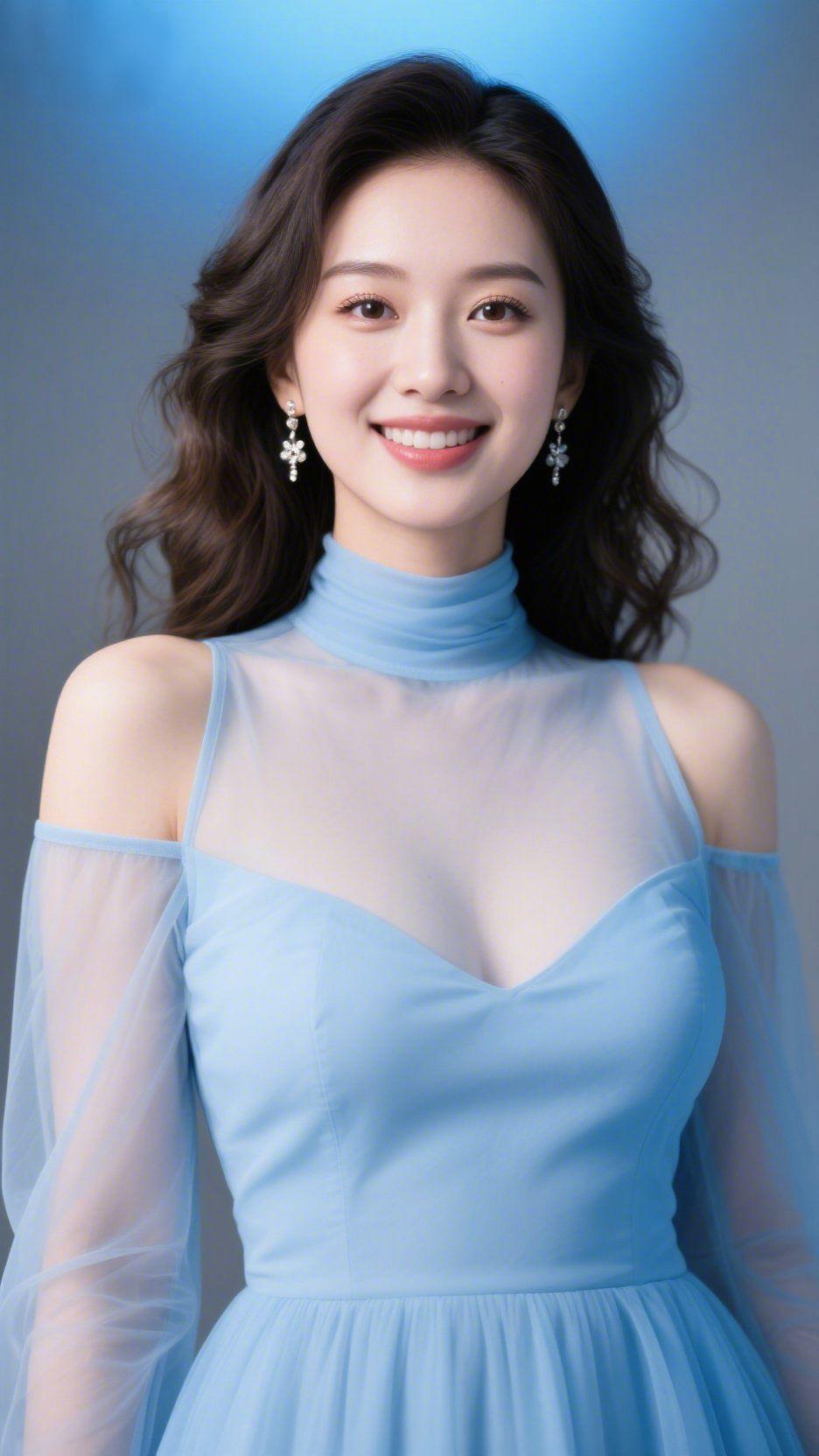 《浅蓝温舒》淡蓝裙装裹着轻软的纱，像把春日的云柔化在衣料里。高领与露肩的搭