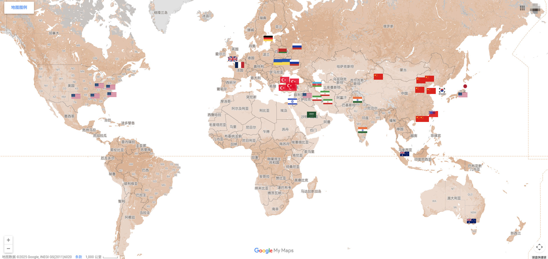 美国《激光战争》网站统计的全球研制和装备激光武器的国家和地区，截至2025年10