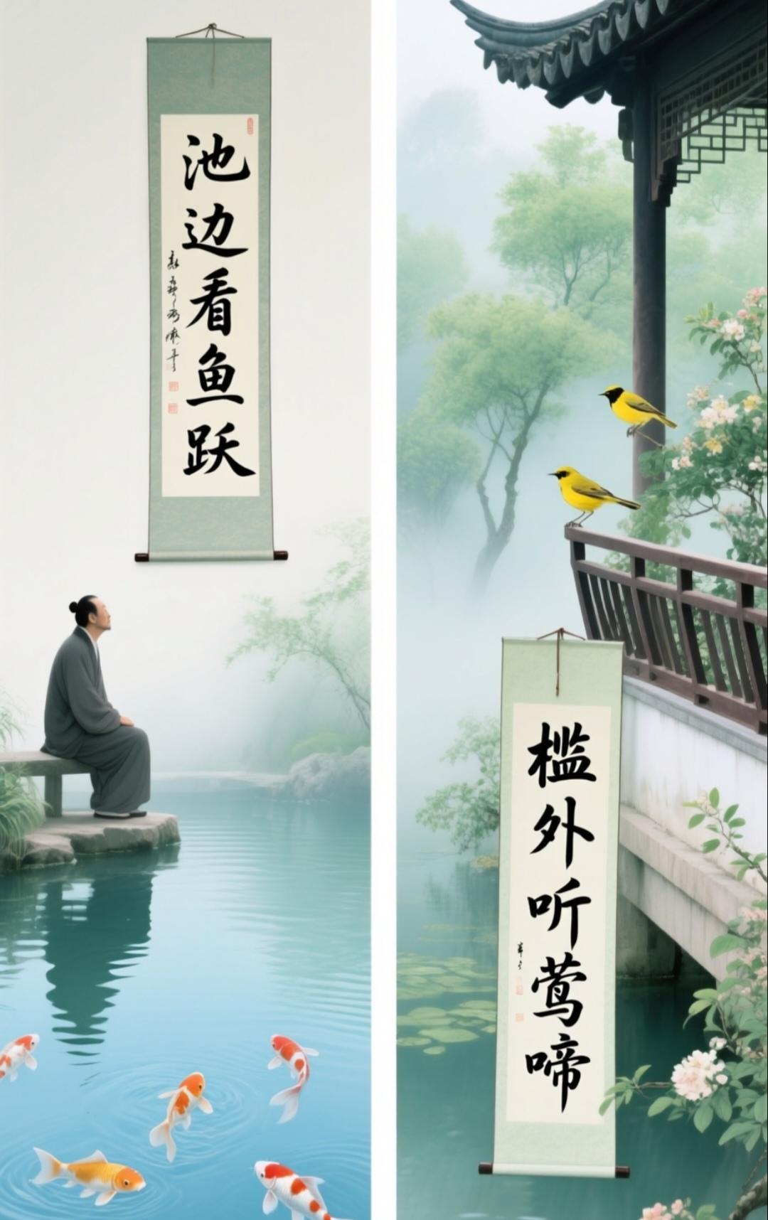 上联：池边看鱼跃，下联：槛外听莺啼。横批请君赐墨[比心]