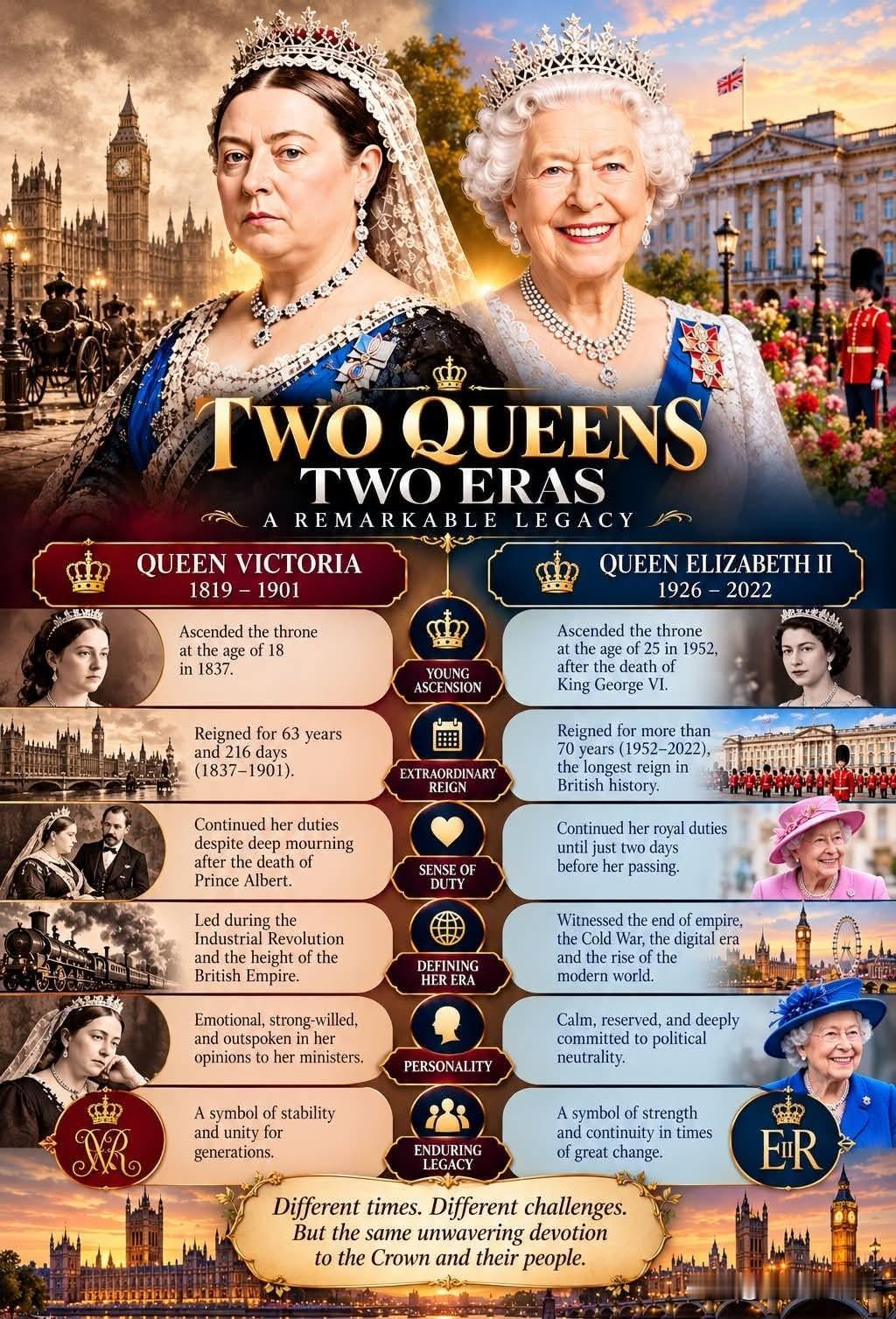 👑两位女王，两个时代，一份不朽传奇。维多利亚女王与伊丽莎白二世身处截然不