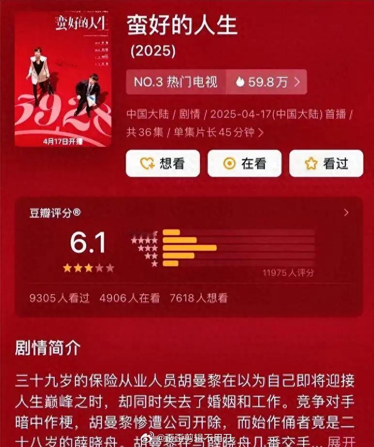 就没有央视压不中的宝，《蛮好的人生》在央视播出，收视成绩快要破4了，虽然豆瓣评分