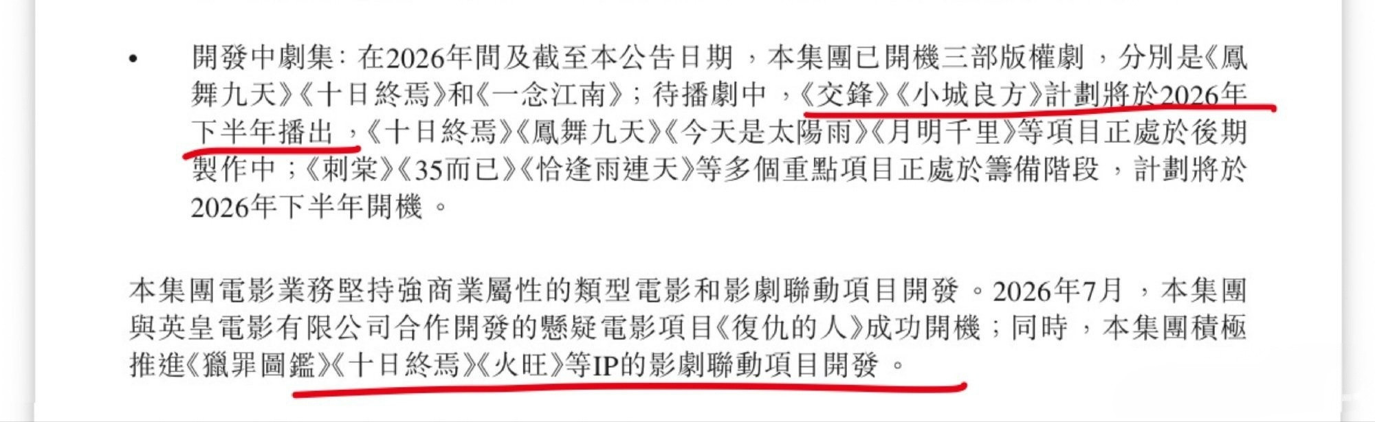 柠萌影视：待播剧《交锋》《小城良方》今年播出；其他待播剧《月明千里》《今天是太阳