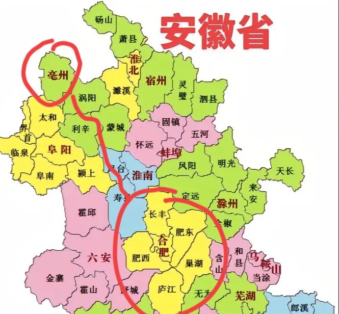原来亳州和合肥之间正好隔了一个淮南，也就300公里左右，亳州处于皖北，被河南省三