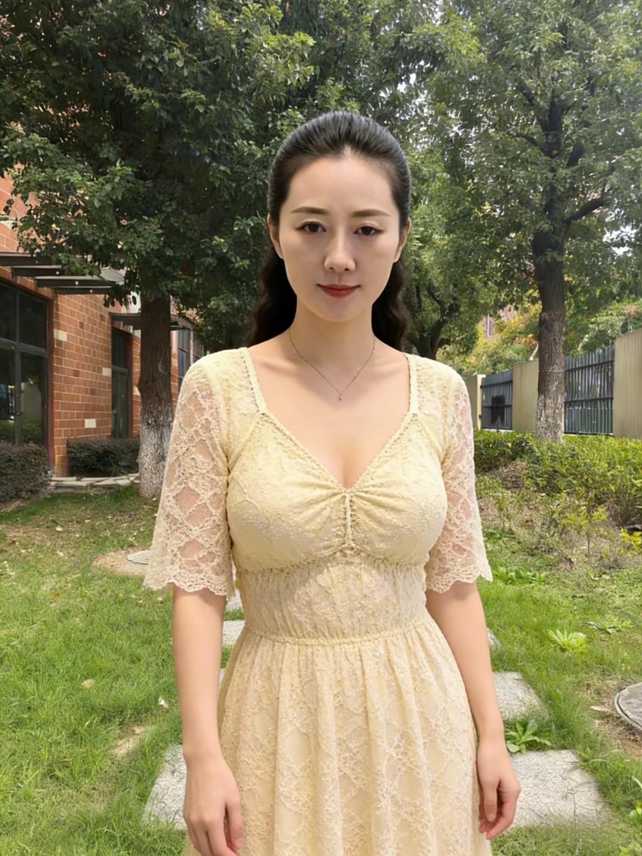 素裙依绿树，芳径踏晴茵。风动蕾丝影，温柔入目新。