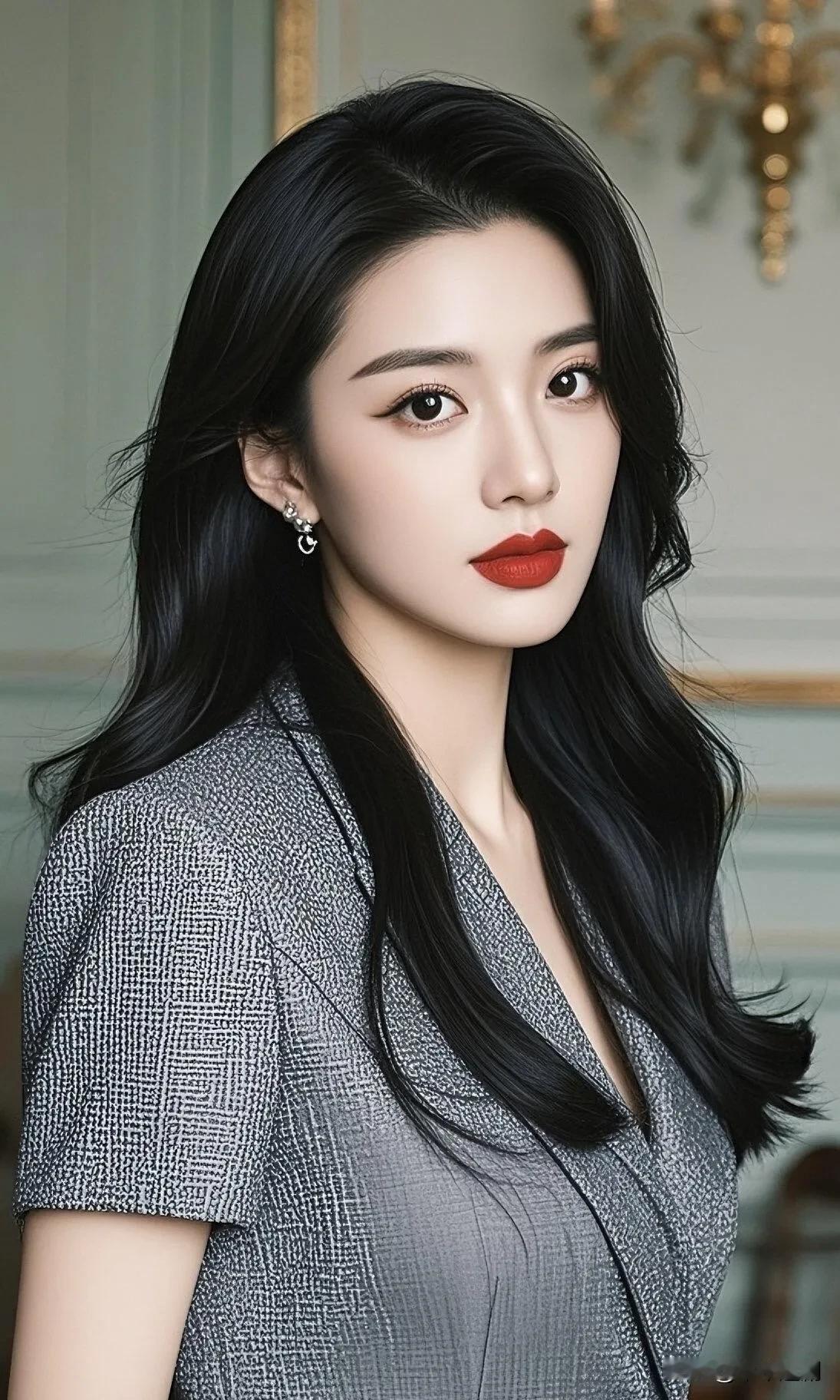 银灰肌理西装裙衬着法式鎏金背景，红唇妆面搭配揉出冷艳又华贵的名媛氛围感⚜️灰色