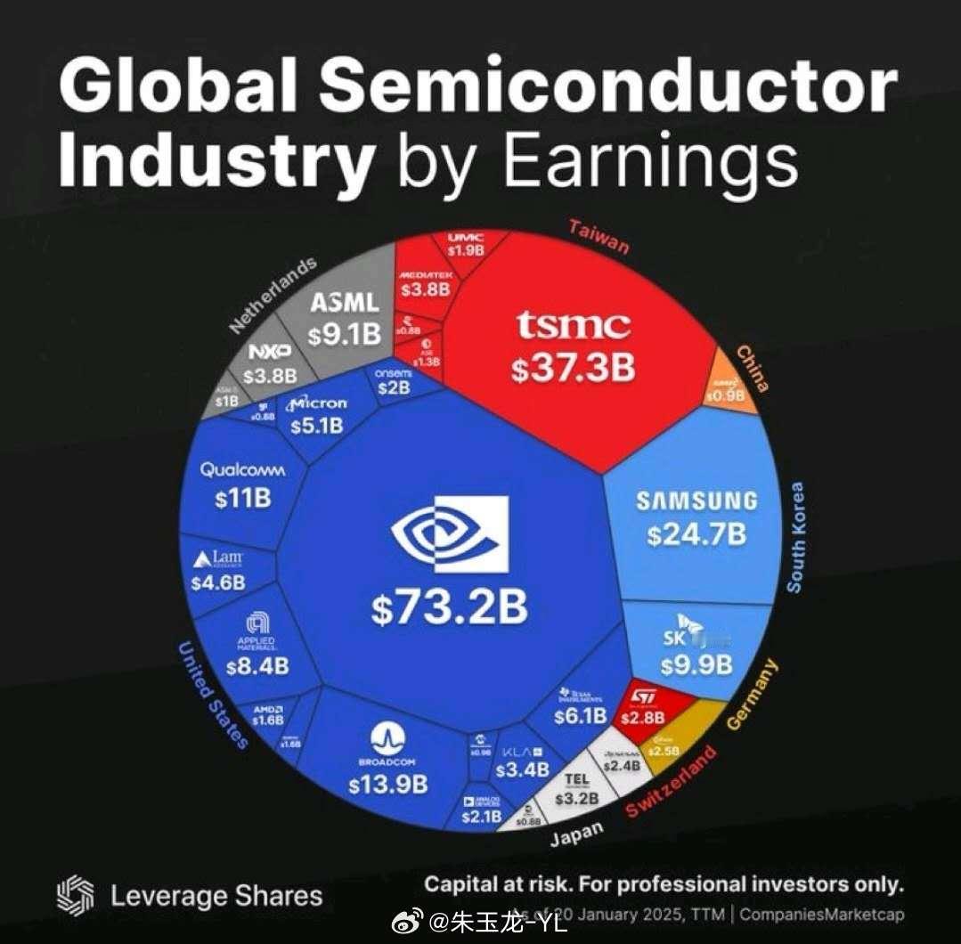 全球半导体行业按收益划分情况的图表美国：英伟达收益为732亿美元，高通收益11