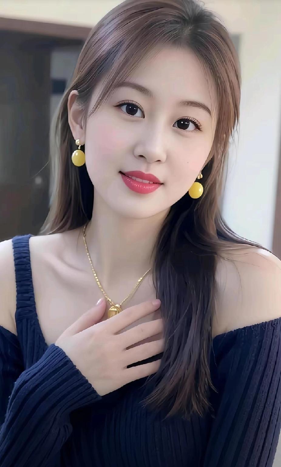 温柔甜美的女孩，金色耳环和项链点缀，蓝色露肩上衣，清新自然。