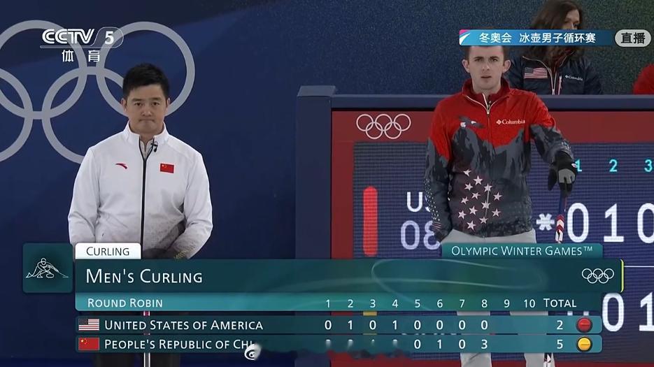 中国冰壶男队vs美国八局结束，中国队5比2领先美国队了，大好形势