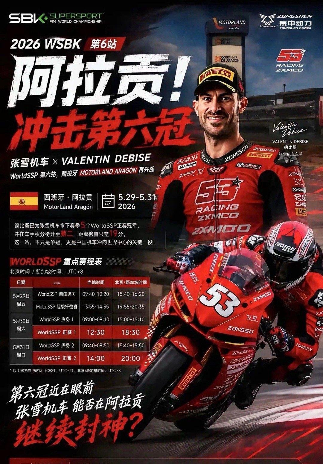 5月29日，WSBK第六站阿拉贡站正式开赛，今晚迎来关键排位赛，排位成绩直接决定