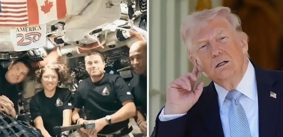 图一，美国四个宇航员，围着月球转圈，这是登月后，人类离月球最近的一次，懂王当然