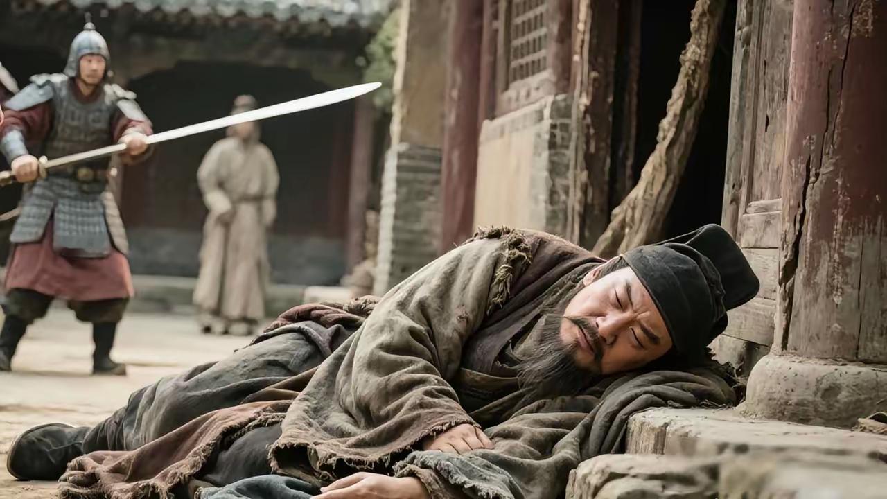 朱元璋路过一破庙，见一乞丐睡觉姿势如卧虎，朱元璋大惊，立刻拔剑对侍卫说：快杀了他