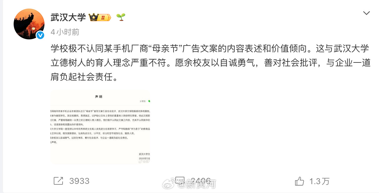 【媒体：#武大不应迎合舆论连坐的不良情绪#】OPPO手机“奇葩文案”事件，在母亲